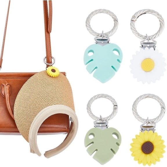 4PCS Hat Clip Sunflower Bags Hat Clips Leaf Hat Holder Portable Silicone Hat Clip with Alloy Spring Gate Ring for Hanging Sun Hats Sunglasses Car Keys LuggageLength: 3.3-3.5inch