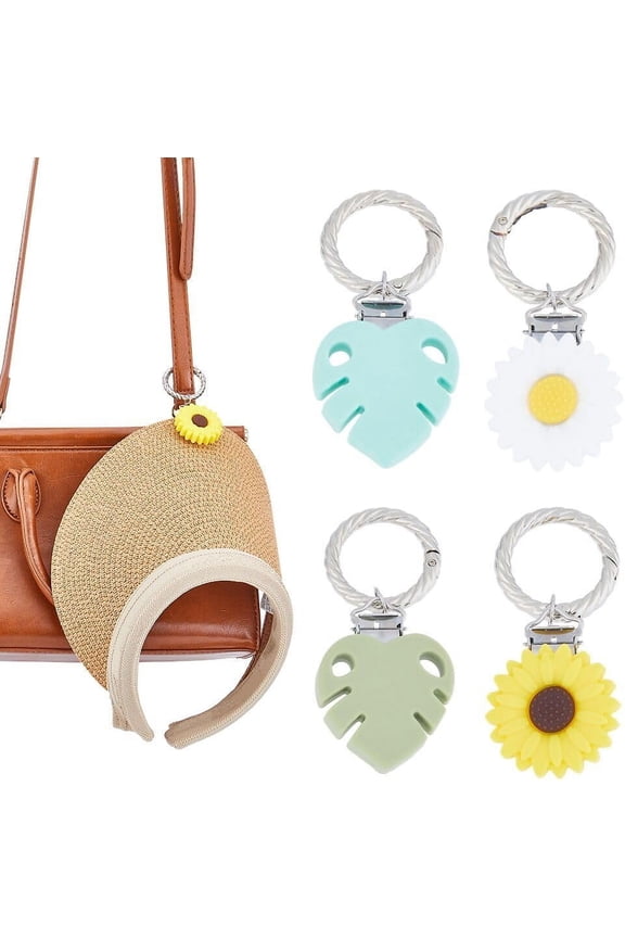 4PCS Hat Clip Sunflower Bags Hat Clips Leaf Hat Holder Portable Silicone Hat Clip with Alloy Spring Gate Ring for Hanging Sun Hats Sunglasses Car Keys Luggage Length: 3.3-3.5inch 1set
