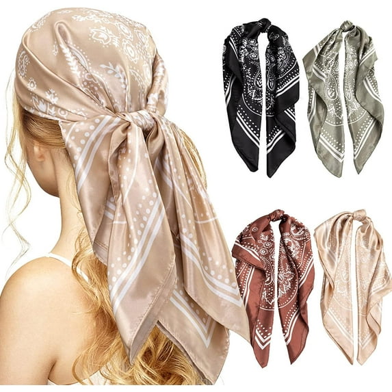 4PCS Head Scarf for Women, 35" Satin Square Hair Scarves Silk Like Scarf Bandana for Hair Wrapping at Night