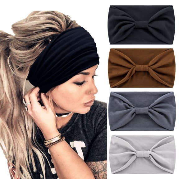 4PCS Headbands for Women Boho Extra Wide Head Bands African Knotted Non Slip Fashion Hair Band Stretch Yoga Workout Running Gym Hairbands Turban Bandana for Girls
