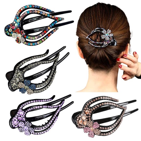 4PCS Heart Flower Rhinestone Hair Clip Duck Bill Barrettes Shiny Decorative Hair Clips Hair Accessories for Women (C)