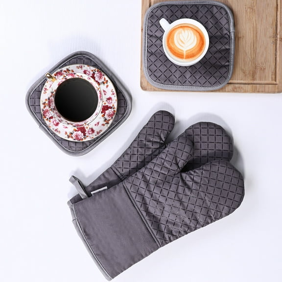 FOXNOVO Oven Gloves Kitchen Oven Mitts and Pot Holder Pad Gray Silicone 4Set