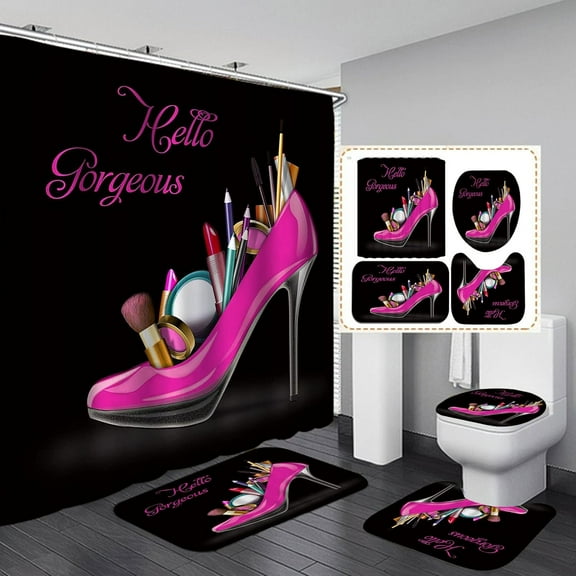 4PCS Hello Gorgeous Shower Curtain Set, Hot Pink High Heels Lipstick Makeup Fashion Girls Women Bathroom Decor, Waterproof Fabric Black Shower Curtain, Non-Slip Bath Mat Toilet Rug, Hot Pink