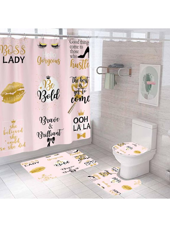 4PCS Hello Gorgeous Shower Curtain Set, Rose Gold Glitter Drip Bling Glam Diamond Crown Princess Unicorn Eyelash Girls Pink Bathroom Decor, Waterproof Fabric Shower Curtain Bath Mat Toilet Rug