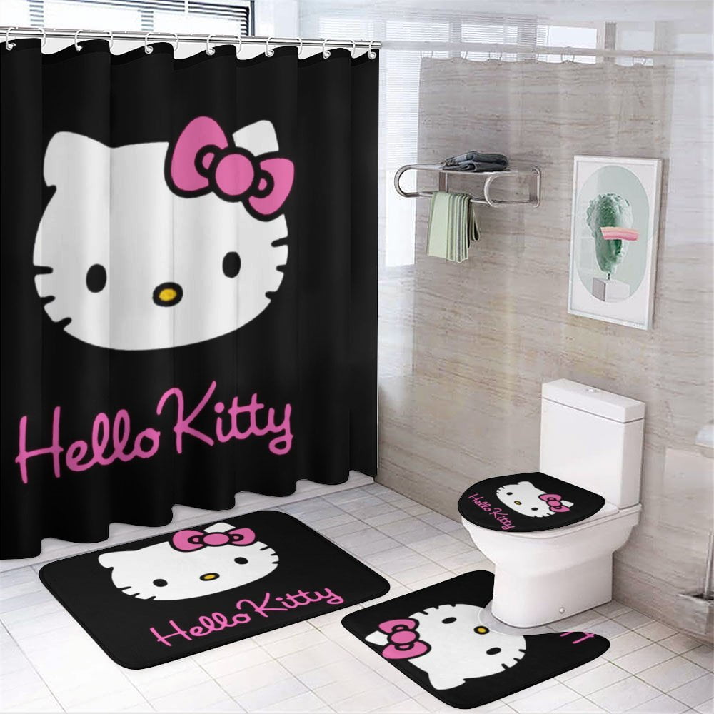 4PCS Hello Kitty Shower Curtain Set with Non-Slip Rugs Toilet Lid Cover and Bath Mat Waterproof Polyester Fabric Bathroom Curtain with 12 Hook 72x72in