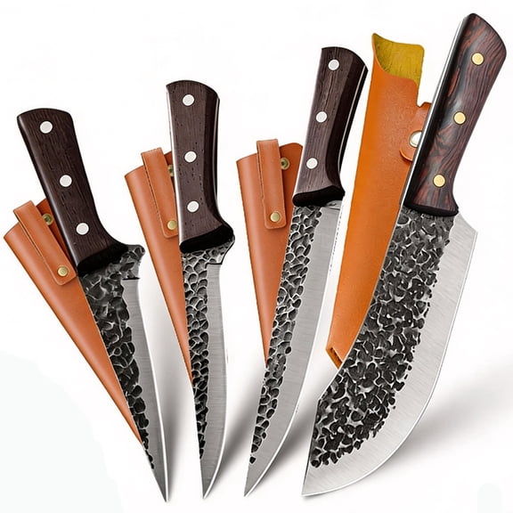 4PCS High Carbon Steel Butcher Knife Set Meat Cutting Knife Kitchen Cleaver Knife with Wood Handle and with Leather Sheath