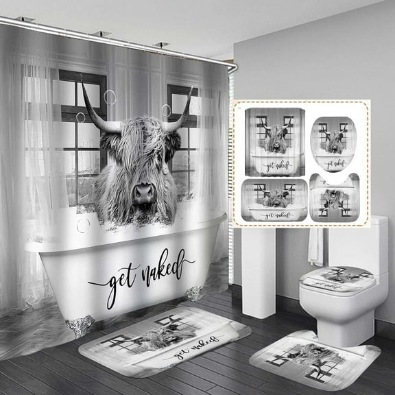 4PCS Highland Cow Shower Curtain Set, Get Naked Bubble Grey Cattle Bull Longhorn Wildlife Animal Country Rustic Farmhouse Bathroom Decor, Waterproof Fabric Shower Curtain, Non-slip Bath Mat