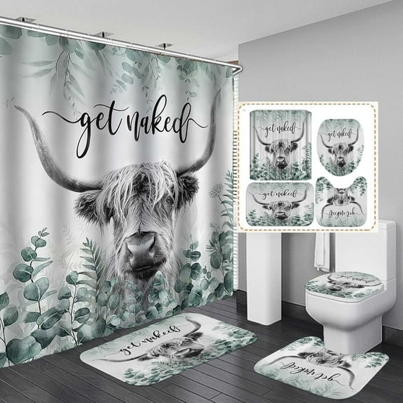 4PCS Highland Cow Shower Curtain Set, Get Naked Bubble Grey Cattle Bull Longhorn Wildlife Animal Country Rustic Farmhouse Bathroom Decor, Waterproof Fabric Shower Curtain, Non-slip Bath Mat