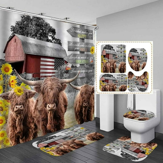 4PCS Highland Cow Shower Curtain Set, Sunflower American Flag Barn Motivational Quotes Cattle Bull Farm Animal Country Rustic Farmhouse Bathroom Decor, Fabric Shower Curtain, Non-slip Bath Mat