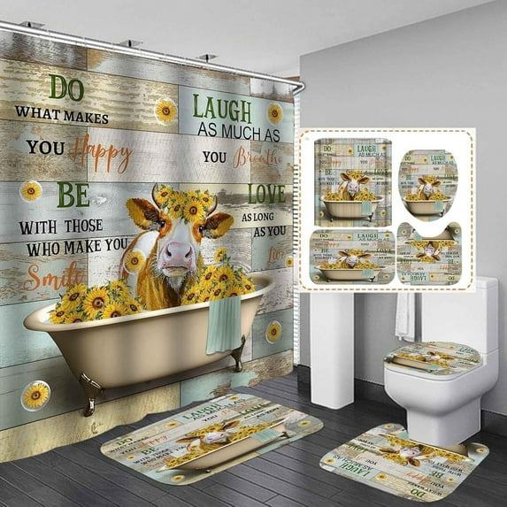 Western Farmhouse Shower Curtain Sets 4-Piece Waterproof Polyester 72x72 Inch, Teal Floral & Cattle Design with Non-Slip Bath Mat, Rustic Bathroom Decor Includes 12 Hooks