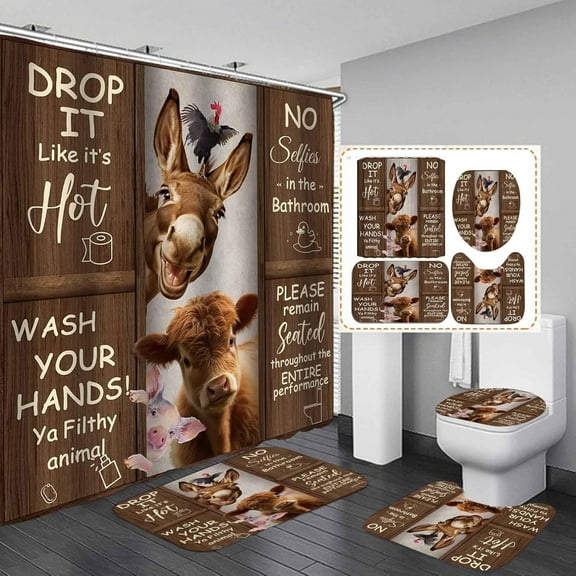 Western Farmhouse Shower Curtain Sets 4-Piece Waterproof Polyester 72x72 Inch, Teal Floral & Cattle Design with Non-Slip Bath Mat, Rustic Bathroom Decor Includes 12 Hooks