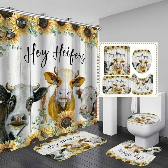 Western Farmhouse Shower Curtain Sets 4-Piece Waterproof Polyester 72x72 Inch, Teal Floral & Cattle Design with Non-Slip Bath Mat, Rustic Bathroom Decor Includes 12 Hooks
