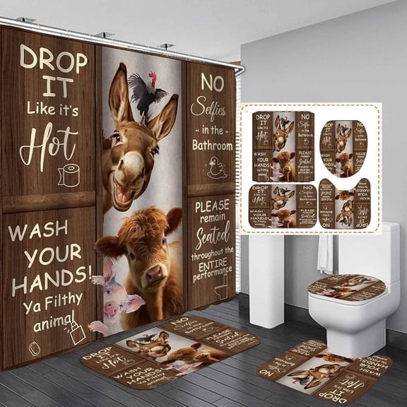 4PCS Donkey Highland Cow Shower Curtain Set, Sunflower Green Leaves Cattle Bull Farm Animal Country Rustic Farmhouse Bathroom Decor, Waterproof Fabric Shower Curtain, Non-slip Bath Mat