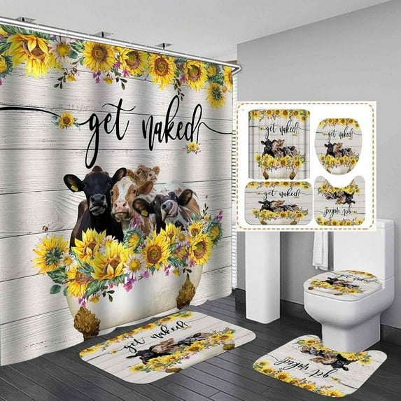 Western Farmhouse Shower Curtain Sets 4-Piece Waterproof Polyester 72x72 Inch, Teal Floral & Cattle Design with Non-Slip Bath Mat, Rustic Bathroom Decor Includes 12 Hooks