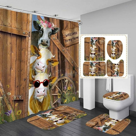 Western Farmhouse Shower Curtain Sets 4-Piece Waterproof Polyester 72x72 Inch, Teal Floral & Cattle Design with Non-Slip Bath Mat, Rustic Bathroom Decor Includes 12 Hooks