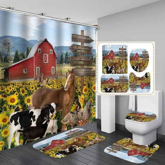 Western Farmhouse Shower Curtain Sets 4-Piece Waterproof Polyester 72x72 Inch, Teal Floral & Cattle Design with Non-Slip Bath Mat, Rustic Bathroom Decor Includes 12 Hooks