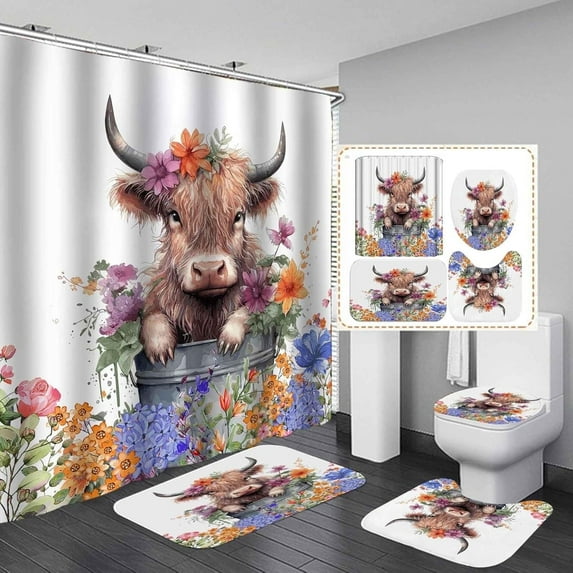 Western Farmhouse Shower Curtain Sets 4-Piece Waterproof Polyester 72x72 Inch, Teal Floral & Cattle Design with Non-Slip Bath Mat, Rustic Bathroom Decor Includes 12 Hooks
