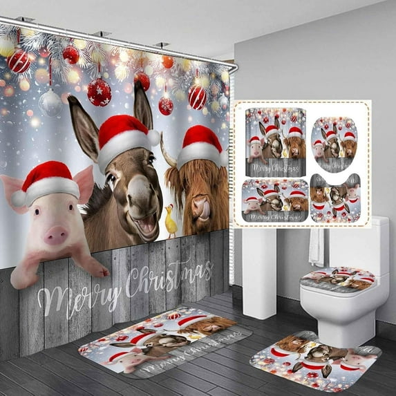 Western Farmhouse Shower Curtain Sets 4-Piece Waterproof Polyester 72x72 Inch, Teal Floral & Cattle Design with Non-Slip Bath Mat, Rustic Bathroom Decor Includes 12 Hooks