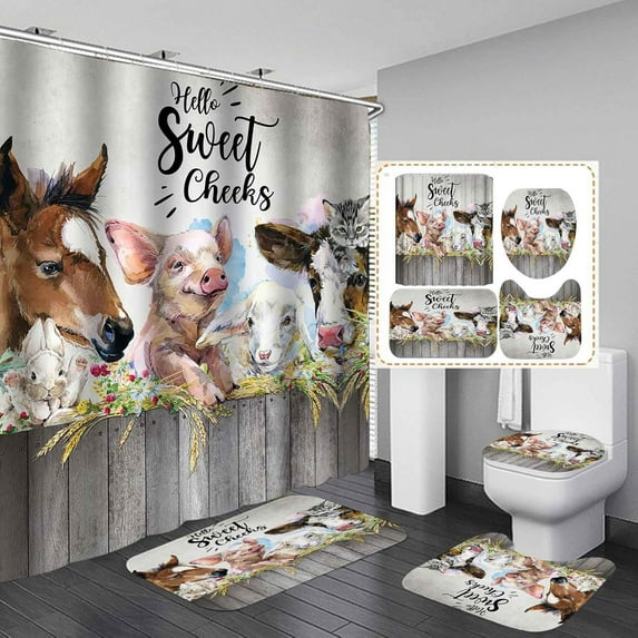 Western Farmhouse Shower Curtain Sets 4-Piece Waterproof Polyester 72x72 Inch, Teal Floral & Cattle Design with Non-Slip Bath Mat, Rustic Bathroom Decor Includes 12 Hooks