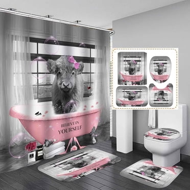 4 Pcs Cute Flower Highland Cow Shower Curtain Sets With Rugs