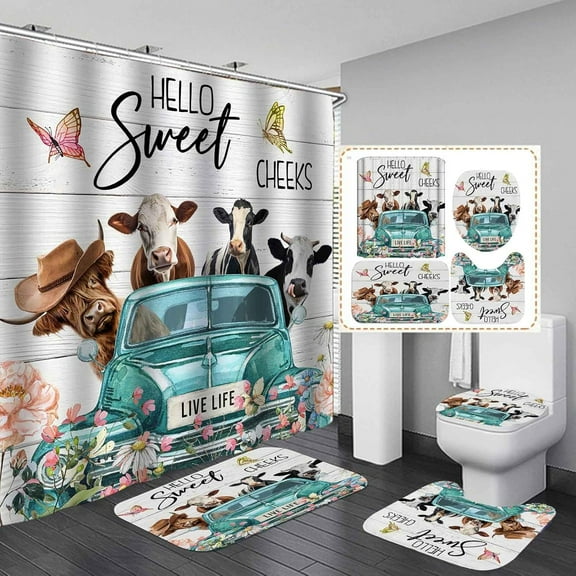 4PCS Highland Cow Shower Curtain Sets with Rugs, Waterproof White Fabric Shower Curtain, Hello Sweet Cheeks Teal Truck Farm Animals Floral Butterfly Western Rustic Farmhouse Bathroom Decor