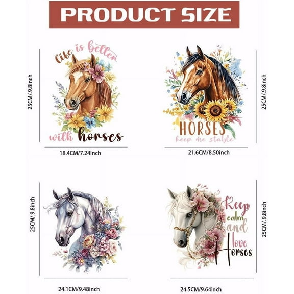 4PCS Horse and Flowers Iron On Transfer Patches Animals Heat Transfer Stickers DIY Iron On Decals Washable Heat Transfers Paper for Clothing T-Shirt Backpacks Bag Pillow Decor Applique