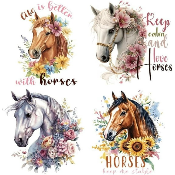 4PCS Horse and Flowers Iron On Transfer Patches Animals Heat Transfer Stickers DIY Iron On Decals Washable Heat Transfers Paper
