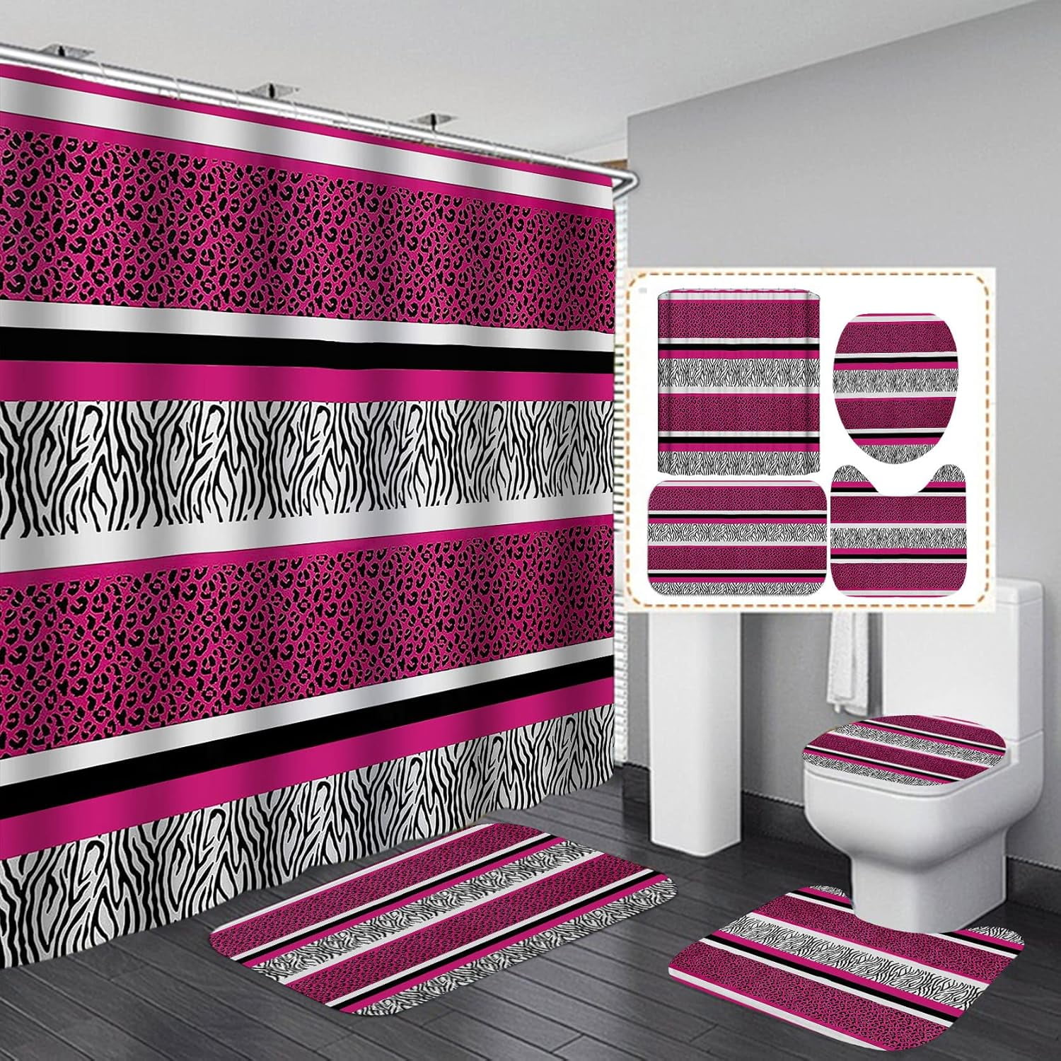 4PCS Pink Leopard Print Shower Curtain Sets with Rugs, Waterproof ...
