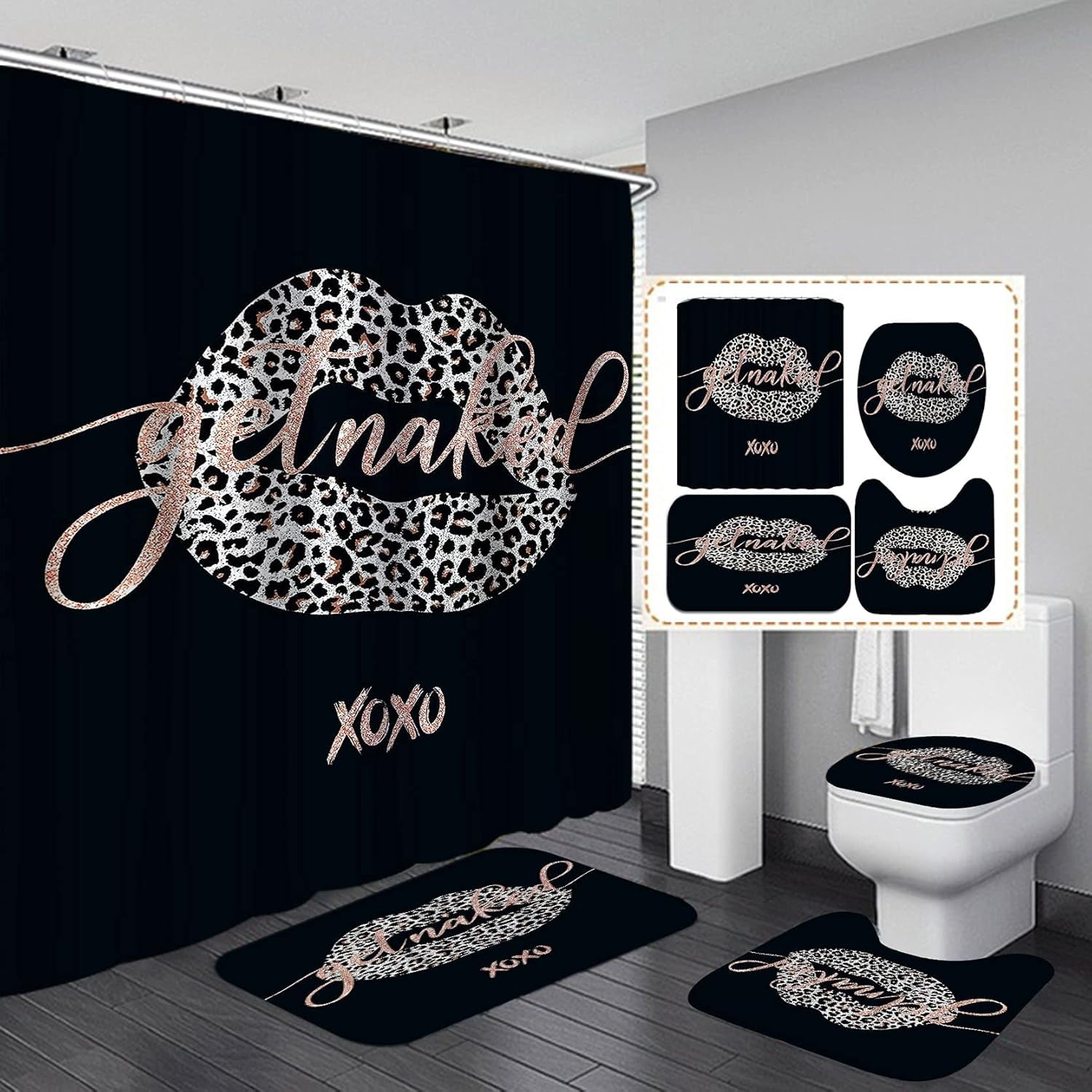 4PCS Hot Pink Leopard Print Shower Curtain Set, Black and White Zebra