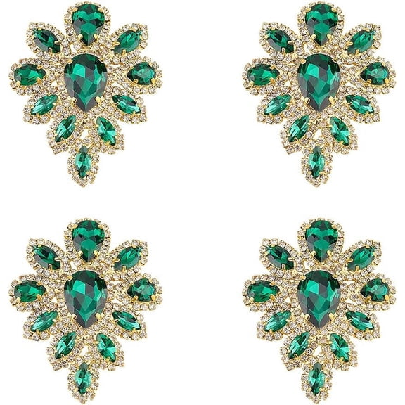 4PCS Hotfix Rhinestone Applique Emerald Teardrop Shape Rhinestone Appliques Wedding Bridal Crystal Patches Fancy Beaded Flower Patch Women Fashion for Gifts Clothing Costume Decoration