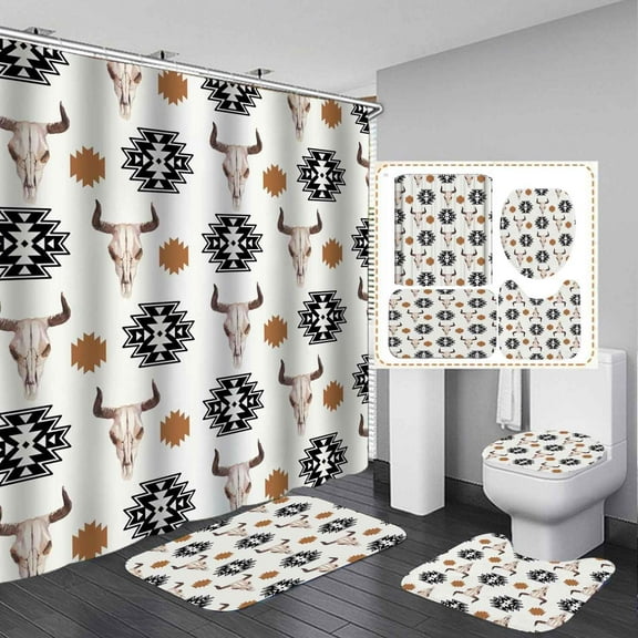 4PCS Howdy Cowgirl Shower Curtain Sets with Rugs, Waterproof Fabric Pink Shower Curtain, Western Hat Boots Cow Skull Cactus Rainbow Funky 70S Floral Preppy Disco Y2K Groovy Bathroom Decor