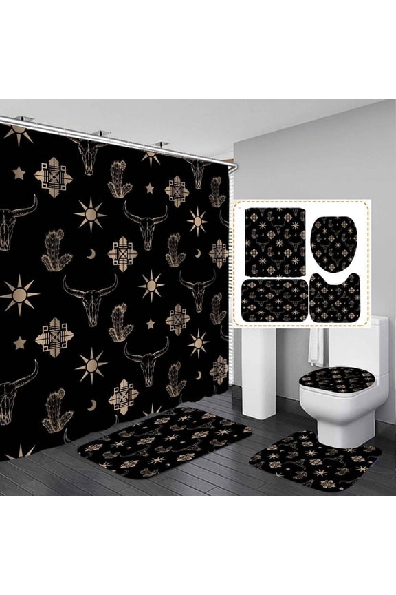 4PCS Western Cowgirl Shower Curtain Sets with Rugs, Waterproof Fabric Pink Shower Curtain, Black Cow Print Cowboy Boots Hat Hot Pink Cactus Disco Horseshoe Preppy Girls Women Bathroom Decor