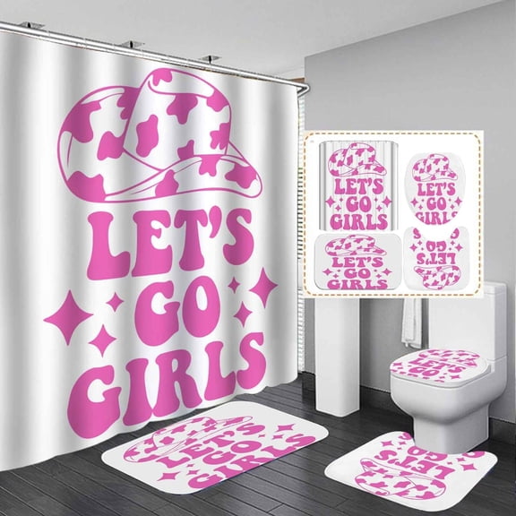 4PCS Howdy Cowgirl Shower Curtain Sets, Waterproof Fabric White Pink Shower Curtain, Non-Slip Bath Mat Bathroom Rugs, Western Cowboy Hat Cow Print Preppy Teen Girls Kids Women Bathroom Decor