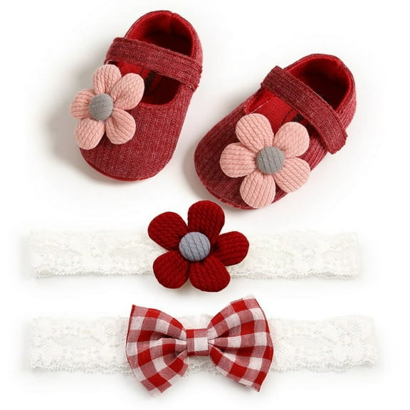 4PCS Infant Baby Girls Slippers Cozy Fleece Booties Soft Bottom Warm Cartoon Socks Newborn Crib Shoes with 2 Headbands
