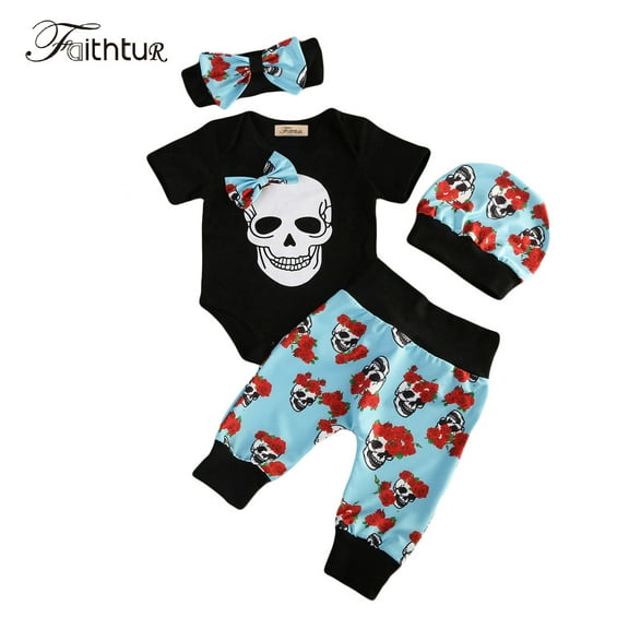 4PCS Infant Newborn Baby Boys Girl Skull Romper+Pants+Hat+Mitten or Headband Halloween Clothes Outfit Set  6M 12M 18M 24M