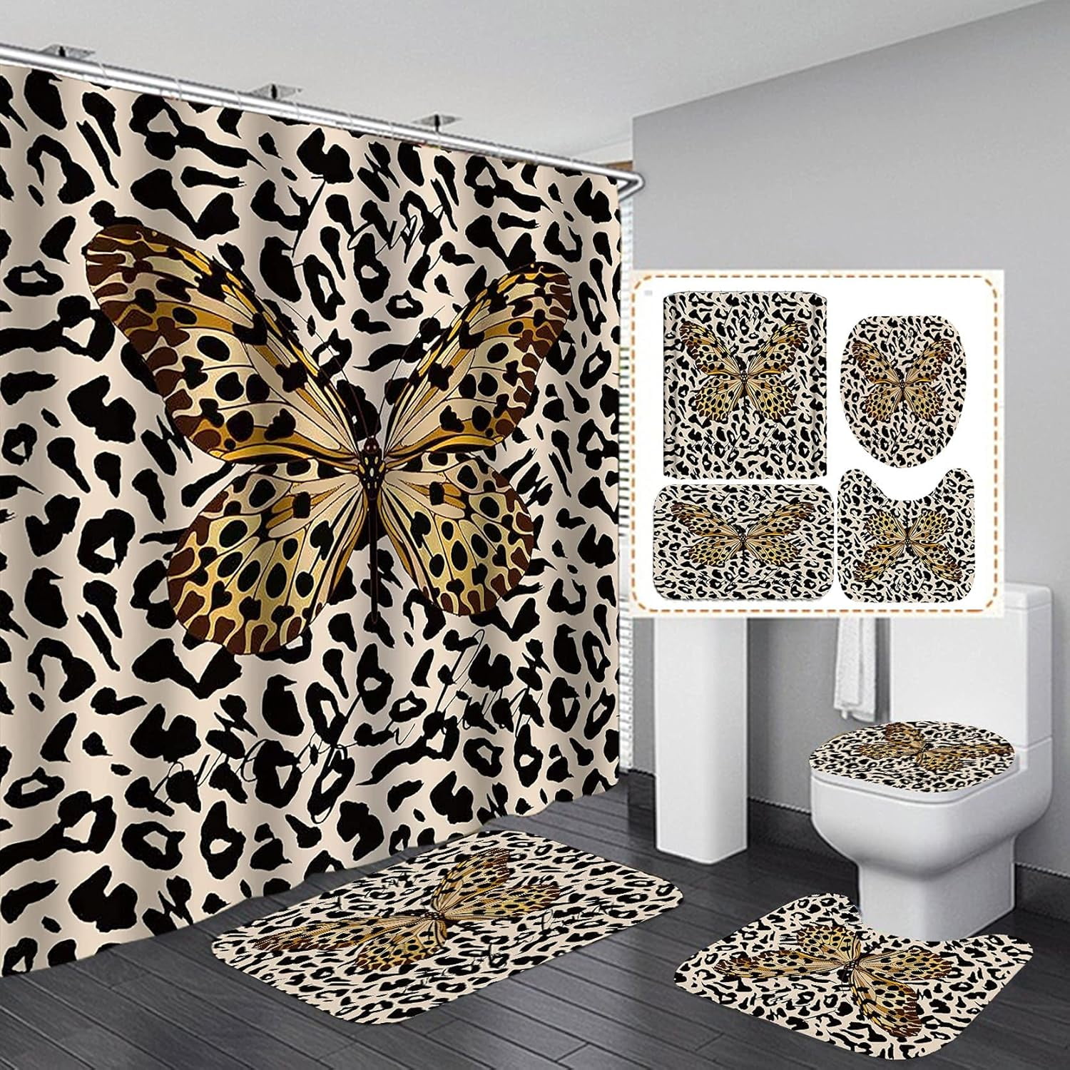 4PCS Inspirational Leopard Print Shower Curtain Set, Positive