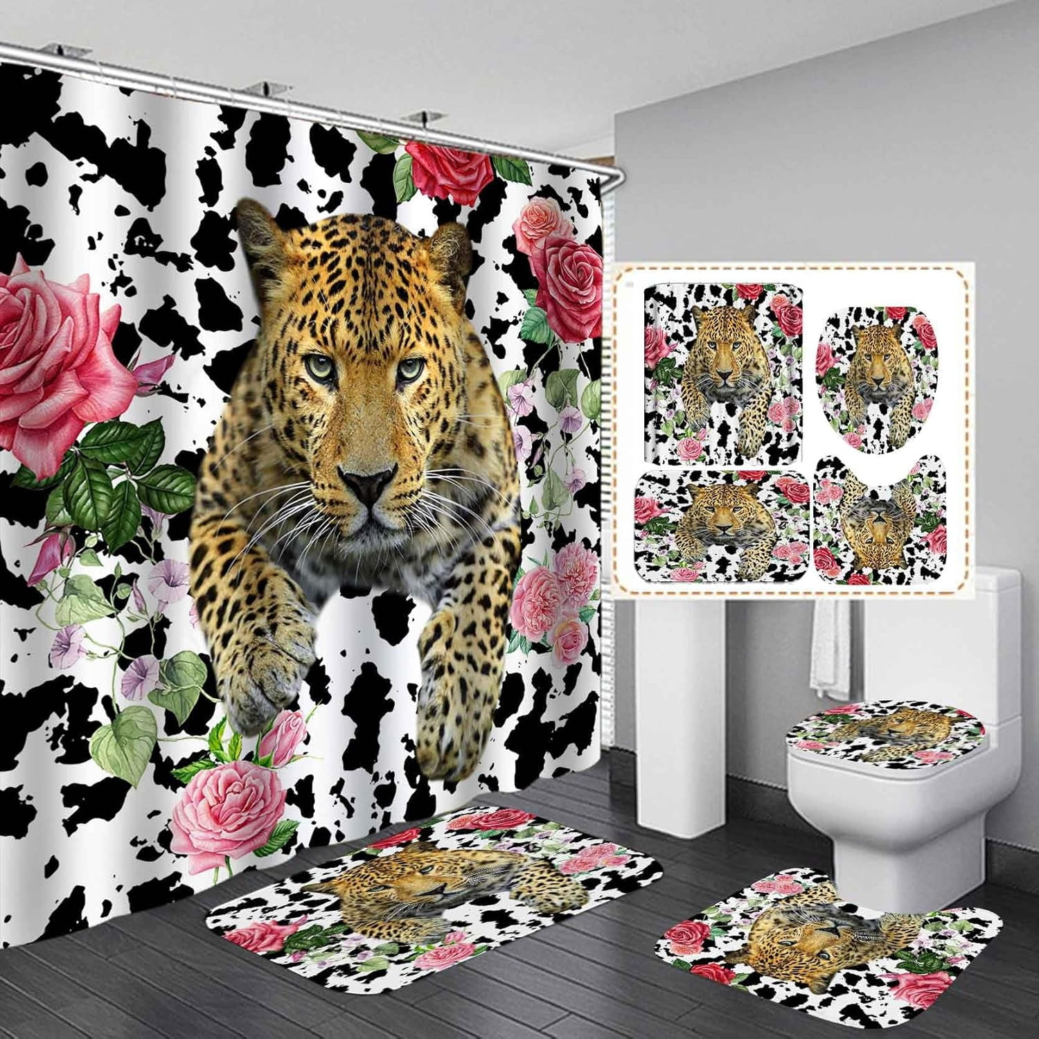 4PCS Inspirational Leopard Print Shower Curtain Set, Positive