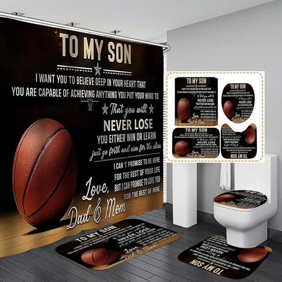 4PCS Inspirational Quotes Fabric Shower Curtain Set, Sports Theme Basketball Court Arena Stadium Positive Motivational Words Bathroom Decor, Non-Slip Bath Rugs Soft Toilet Mats, to My Son