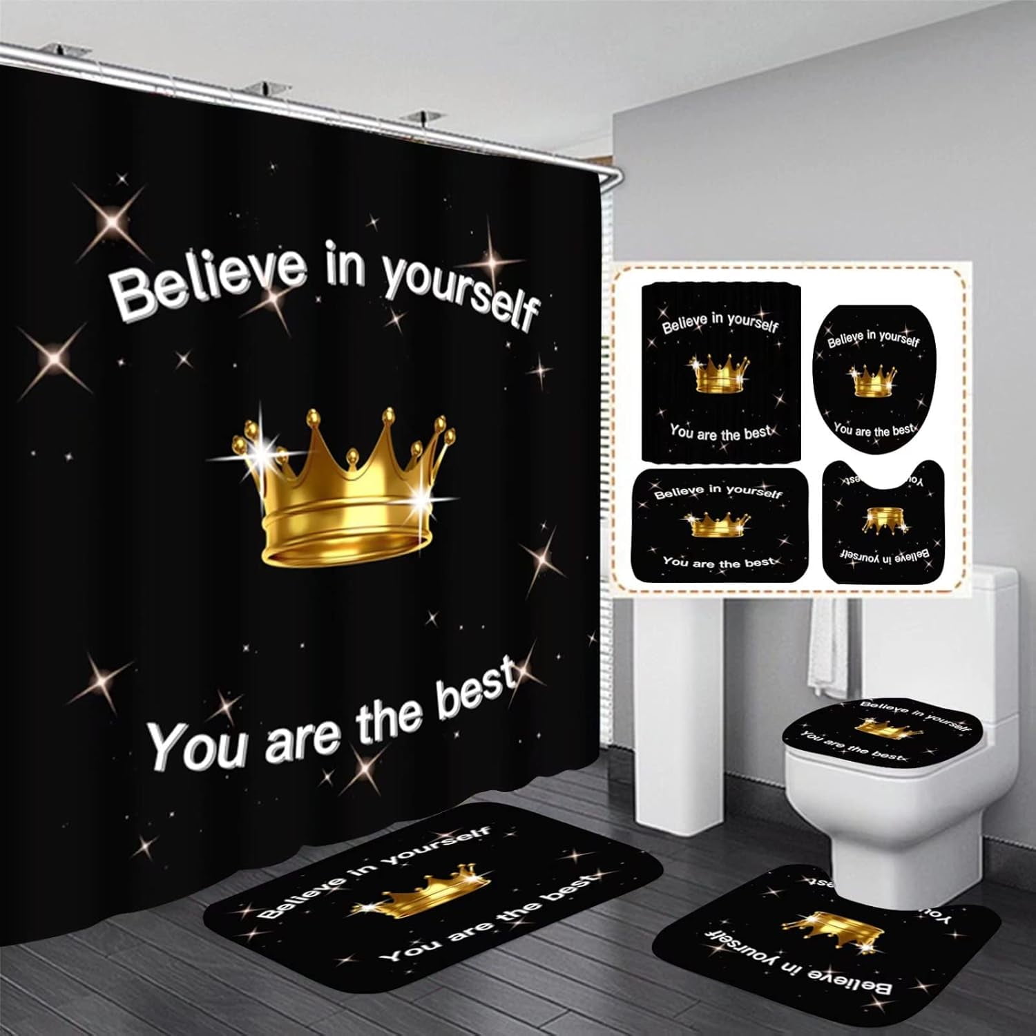 4-Piece Inspirational Bathroom Set - Pink Blue Marble Shower Curtain, Non-Slip Bath Mat, Toilet Cover & Hooks