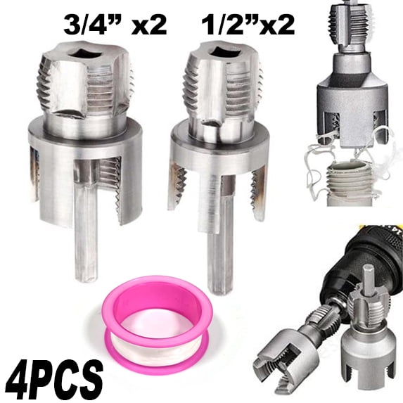 4PCS Integrated PVC Pipe Threader Tool - 1/2"x2PC & 3/4"x 2PC Dual-Function Internal External Pipe Threading Tool for Water Pipe, Electric Drill Compatible Heavy-Duty Pipe Thread Cutting Tool Set