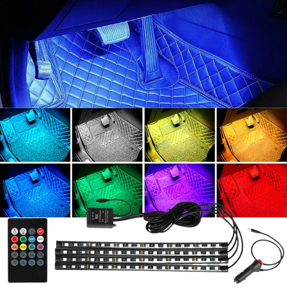 4PCS Interior Car LED Strip Lights with Remote Control, Multicolor Music Sync, Under Dash Ambient Lighting for Front and Back Seats, Easy Install, 12V Power