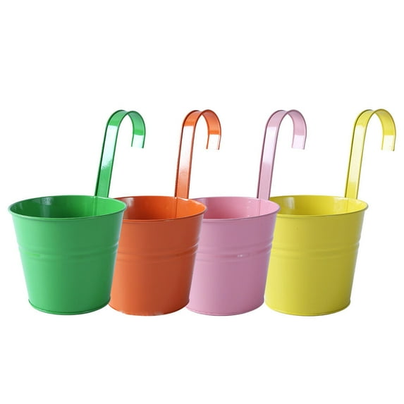 4PCS Iron Balcony Railing Flower Pots, Hanging with Hook & Drain Hole - Green, , Yellow, Orange