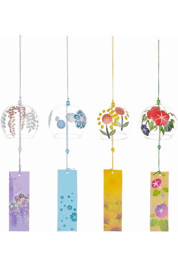 4PCS Japanese Glass Round Wind Chimes Sky Blue Lilac Colourful Yellow Floral Motif Wind Chimes with Prayer Paper Charm