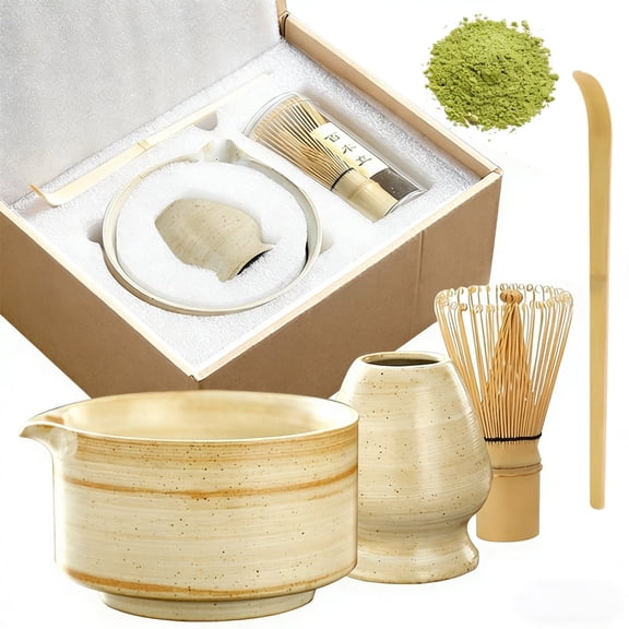 4PCS Japanese Style Matcha Set with Bamboo Whisk Holder, Bowl & Sifter, All-in-One Tea Ceremony Accessories