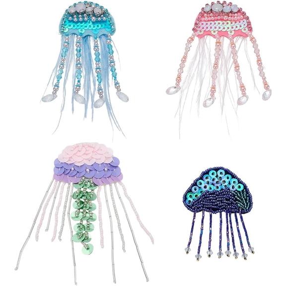 4PCS Jellyfish Beaded Patch 4 Styles Jelly Fish Shape Beads Paillette Sew on Patches Handmade Beaded Tassels Patch Applique for DIY Clothes Bags Handbag Jeans Jackets Dress Decorations
