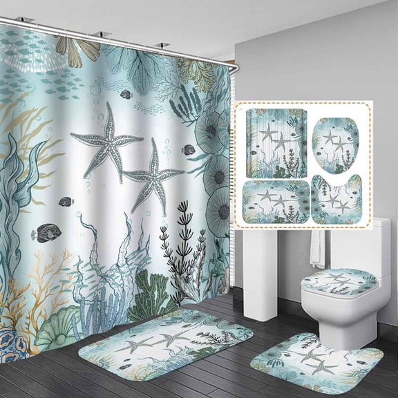 4PCS Jellyfish Shower Curtain Sets with Rugs, Waterproof Fabric Shower Curtain, Summer Teal Blue Ocean Animal Marine Life Sea Turtle Fish Seaweed Coral Nautical Coastal Beach Bathroom Decor