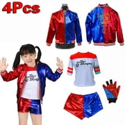 4PCS Kids Girl's Adult Harley Quinn Suicide Squad Cosplay Costume with Pants and Jacket Party Christmas New Year Clothes(Kids, 130)