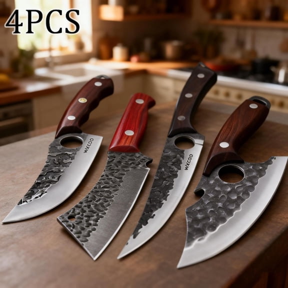 4PCS Kitchen Chef Knife Set Handmade Forged Boning Knife Stainless Steel Multipurpose Knife for Kitchen Convenience Professional Cheese Pizza Meat Cleaver Barbecue Beef Fish Knife