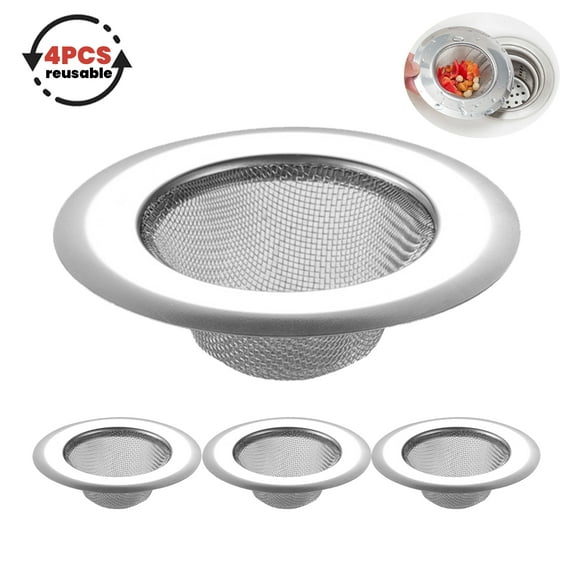 4PCS Kitchen Sink Strainer - Stainless Steel Mesh Drain Strainer, Large Wide Rim 4.5" Diameter (Silver)