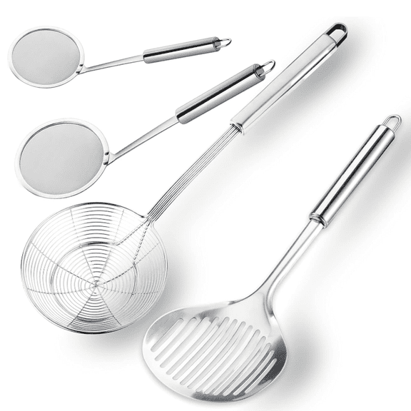 4PCS Kitchen Solid Stainless Steel Spider Strainer Skimmer Ladle for Cooking and Frying, Kitchen Utensils Wire Strainer Pasta Strainer Spoon Hot Pot Fat Skimmer Spoon